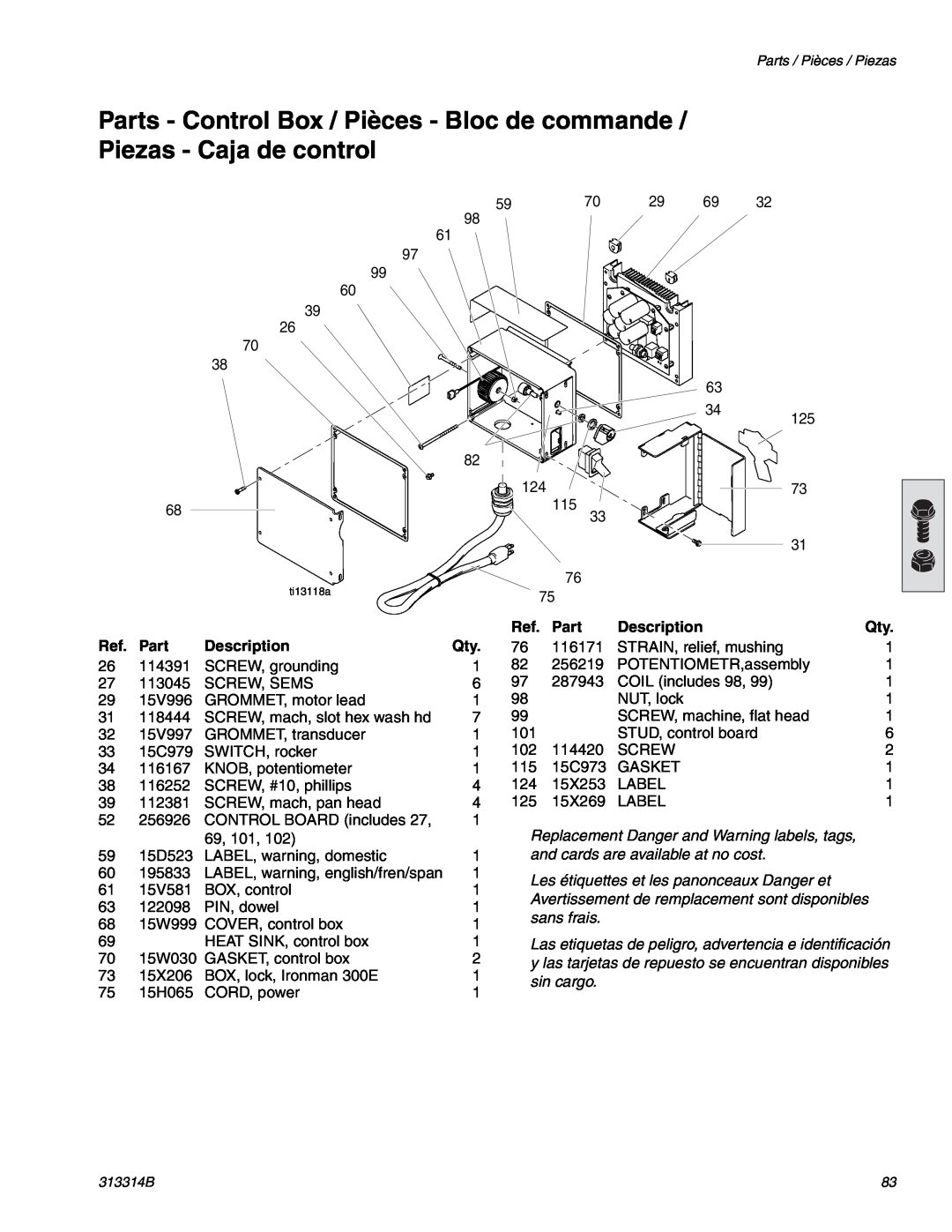 Graco Inc 300E, 313314B Parts - Control Box / Pièces - Bloc de commande, Piezas - Caja de control, Description 