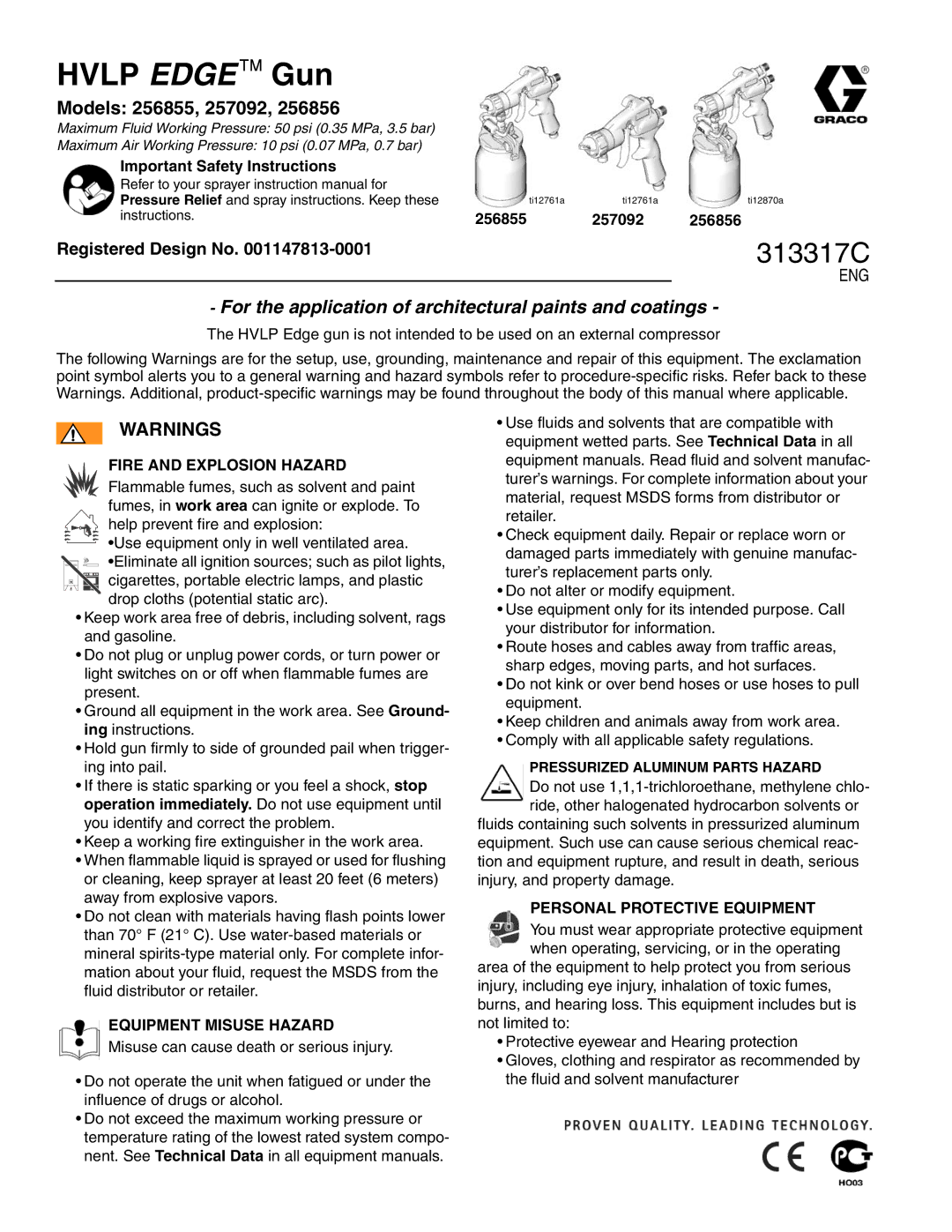 Graco Inc 256856 important safety instructions Hvlp Edge Gun, Models 256855, 257092, Important Safety Instructions 