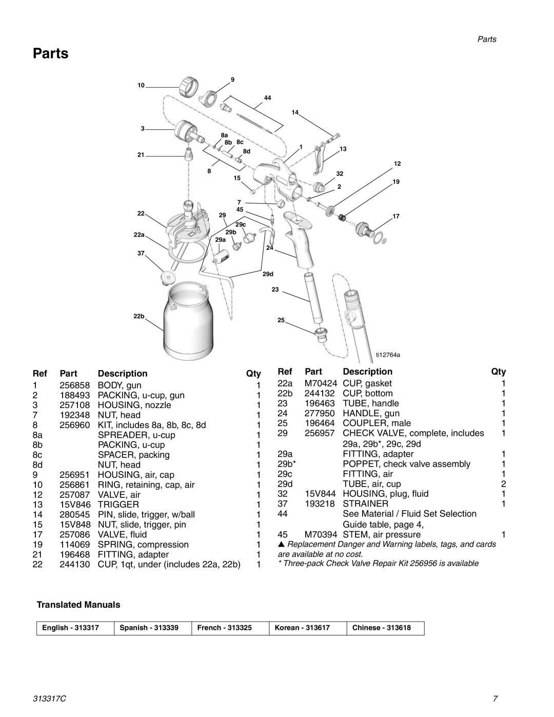 Graco Inc ti12778a, 313317c, 256856, 257092, 256855, ti12906a, ti12795a Parts, Part Description Qty, Translated Manuals 