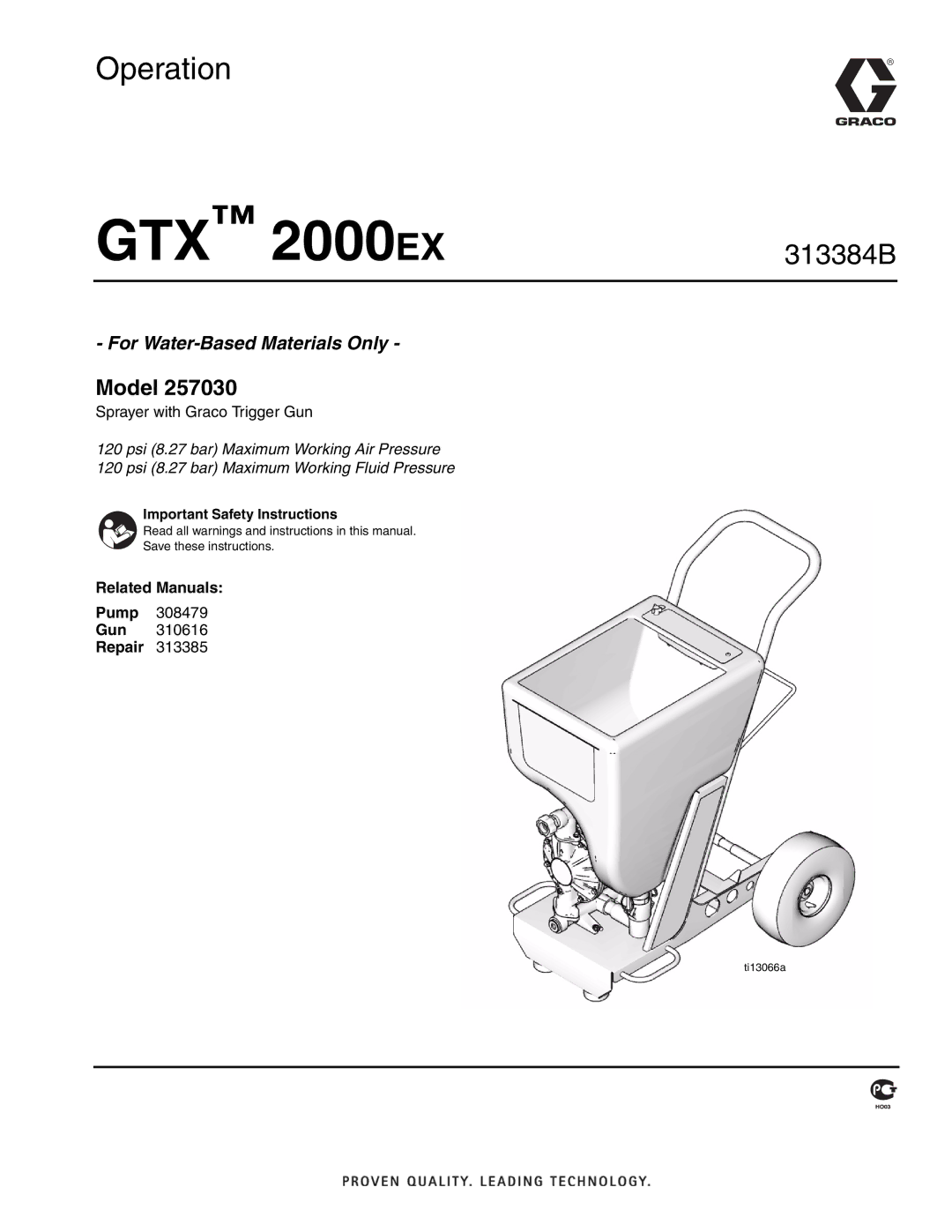 Graco Inc 257030, 313384B, 2000EX important safety instructions Related Manuals, Repair 