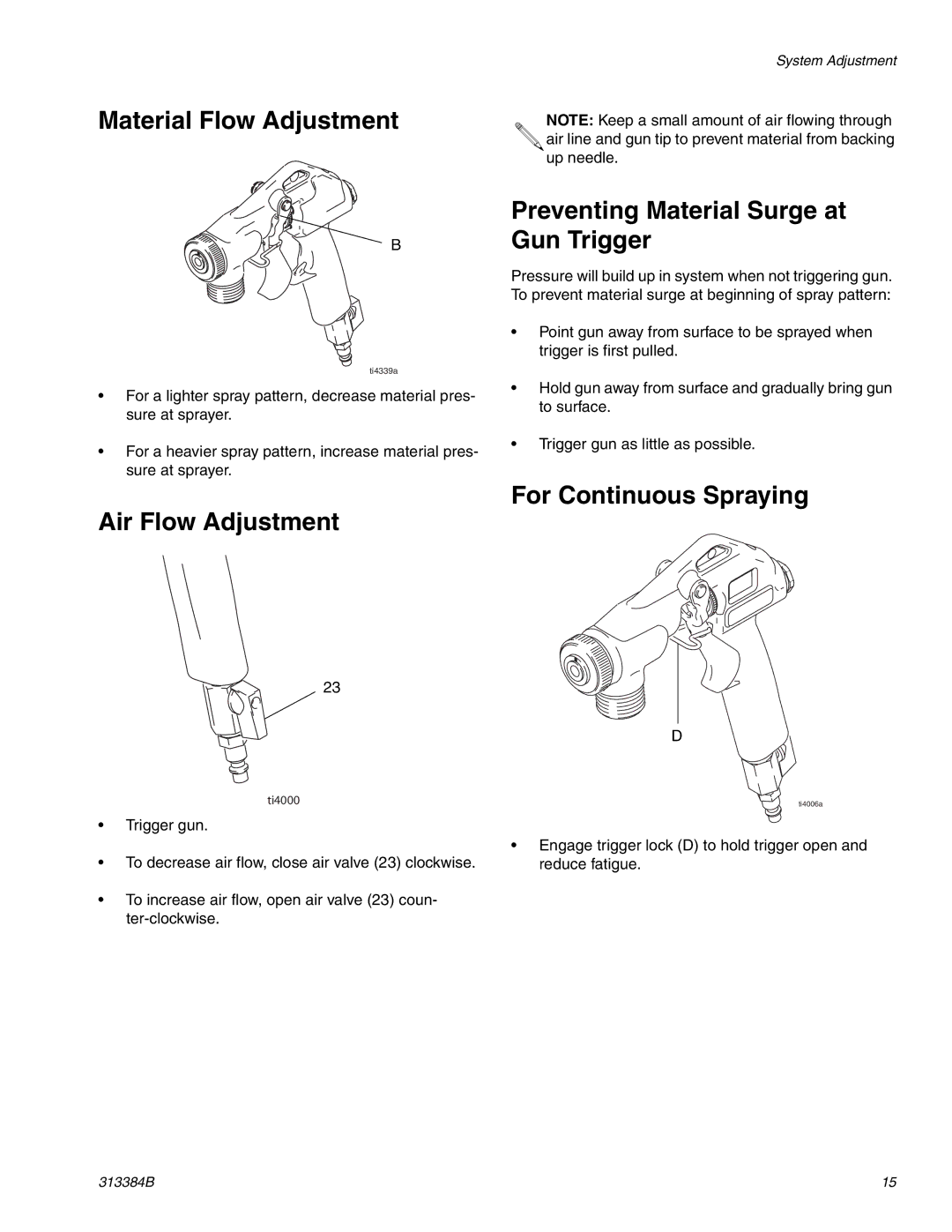 Graco Inc 313384B, 257030, 2000EX Material Flow Adjustment, Air Flow Adjustment, Preventing Material Surge at Gun Trigger 