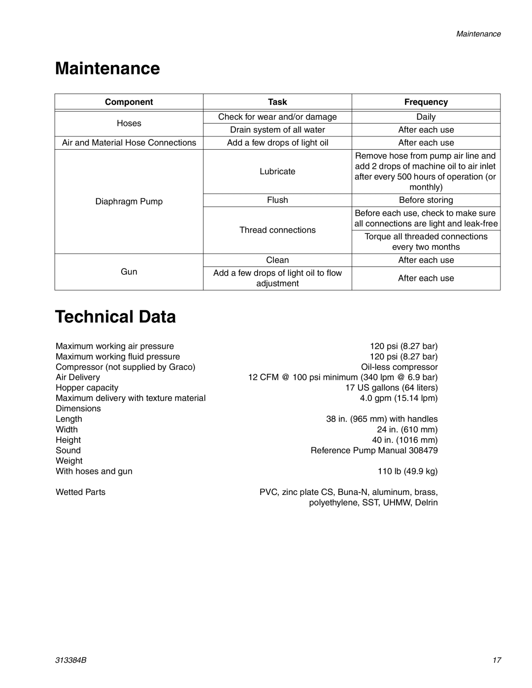 Graco Inc 2000EX, 313384B, 257030 important safety instructions Maintenance, Technical Data, Component Task Frequency 