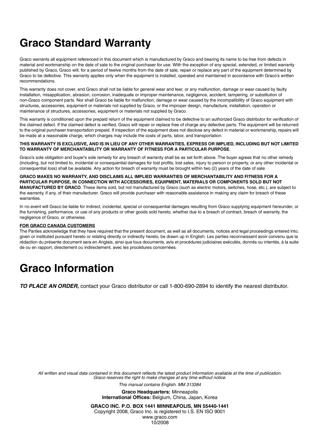 Graco Inc 313384B, 257030, 2000EX important safety instructions Graco Standard Warranty, Graco Information 