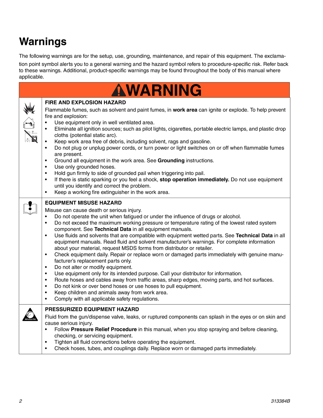 Graco Inc 2000EX, 313384B, 257030 important safety instructions Fire and Explosion Hazard 