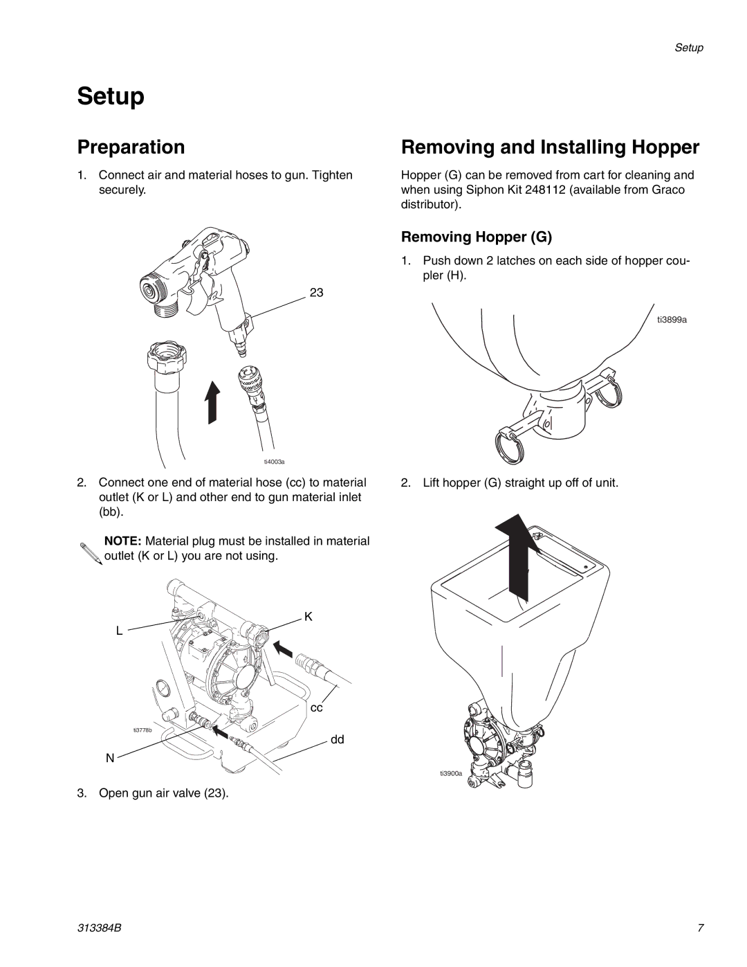 Graco Inc 257030, 313384B, 2000EX important safety instructions Setup, Preparation, Removing and Installing Hopper 