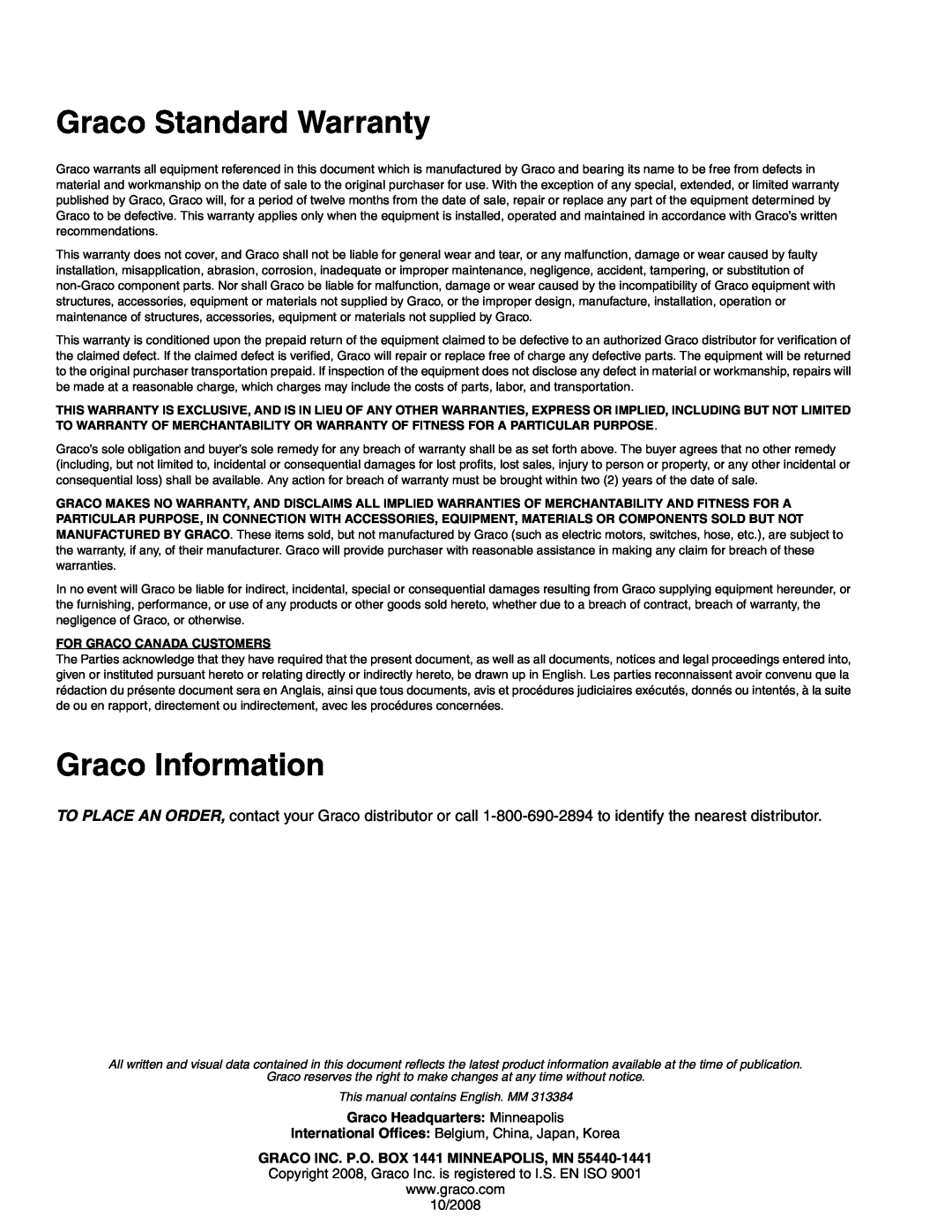 Graco Inc 313384B, 257030, 2000EX Graco Standard Warranty, Graco Information, Graco Headquarters Minneapolis, 10/2008 
