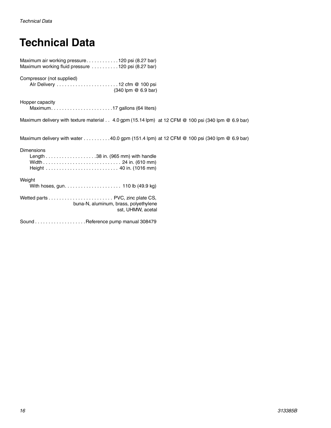 Graco Inc 313385B important safety instructions Technical Data 