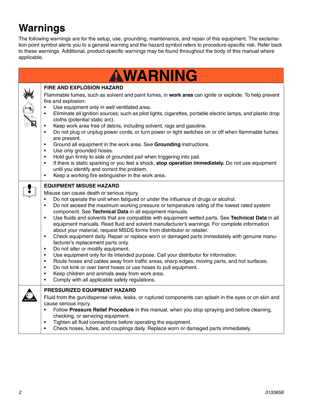 Graco Inc 313385B important safety instructions Fire and Explosion Hazard 