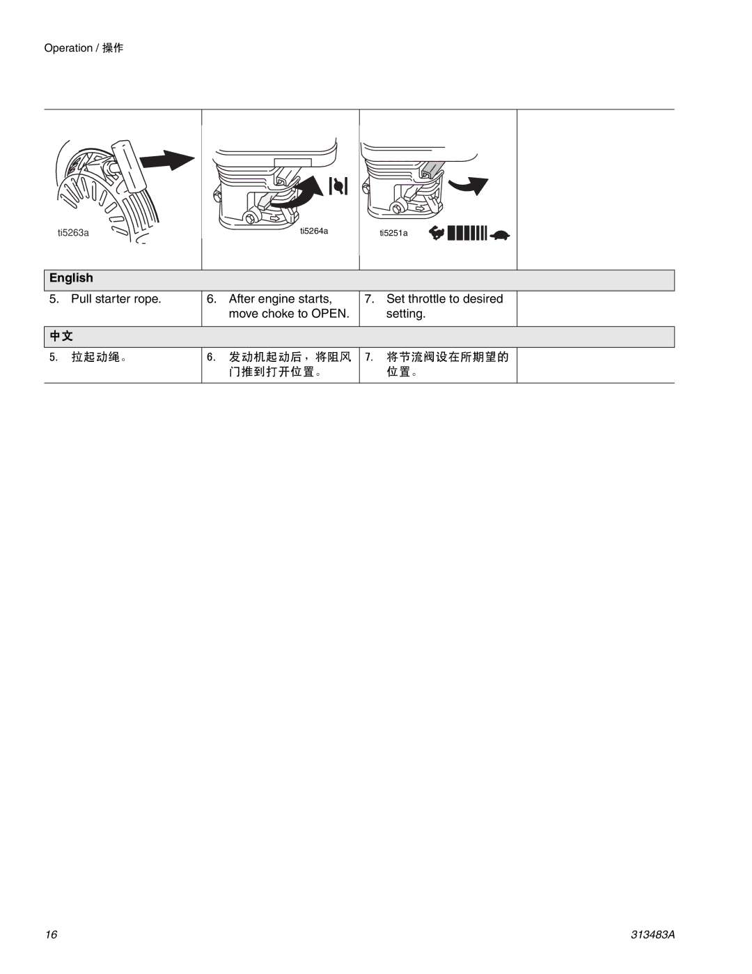 Graco Inc 313483A important safety instructions 拉起动绳。 