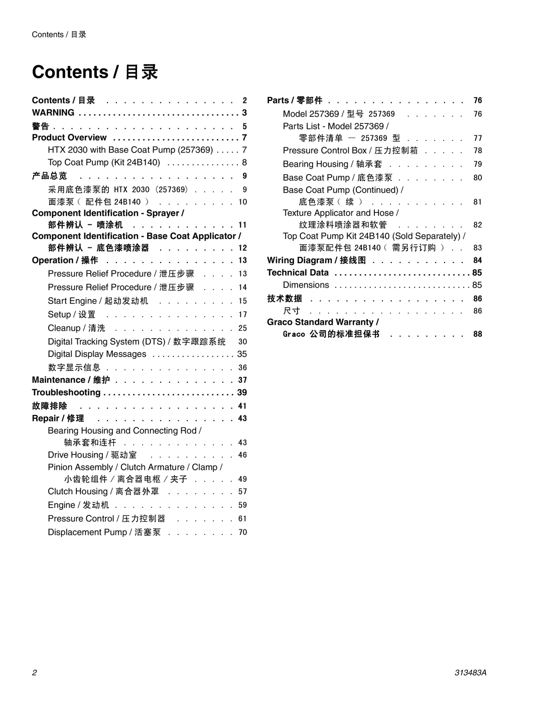 Graco Inc 313483A important safety instructions Contents / 目录 