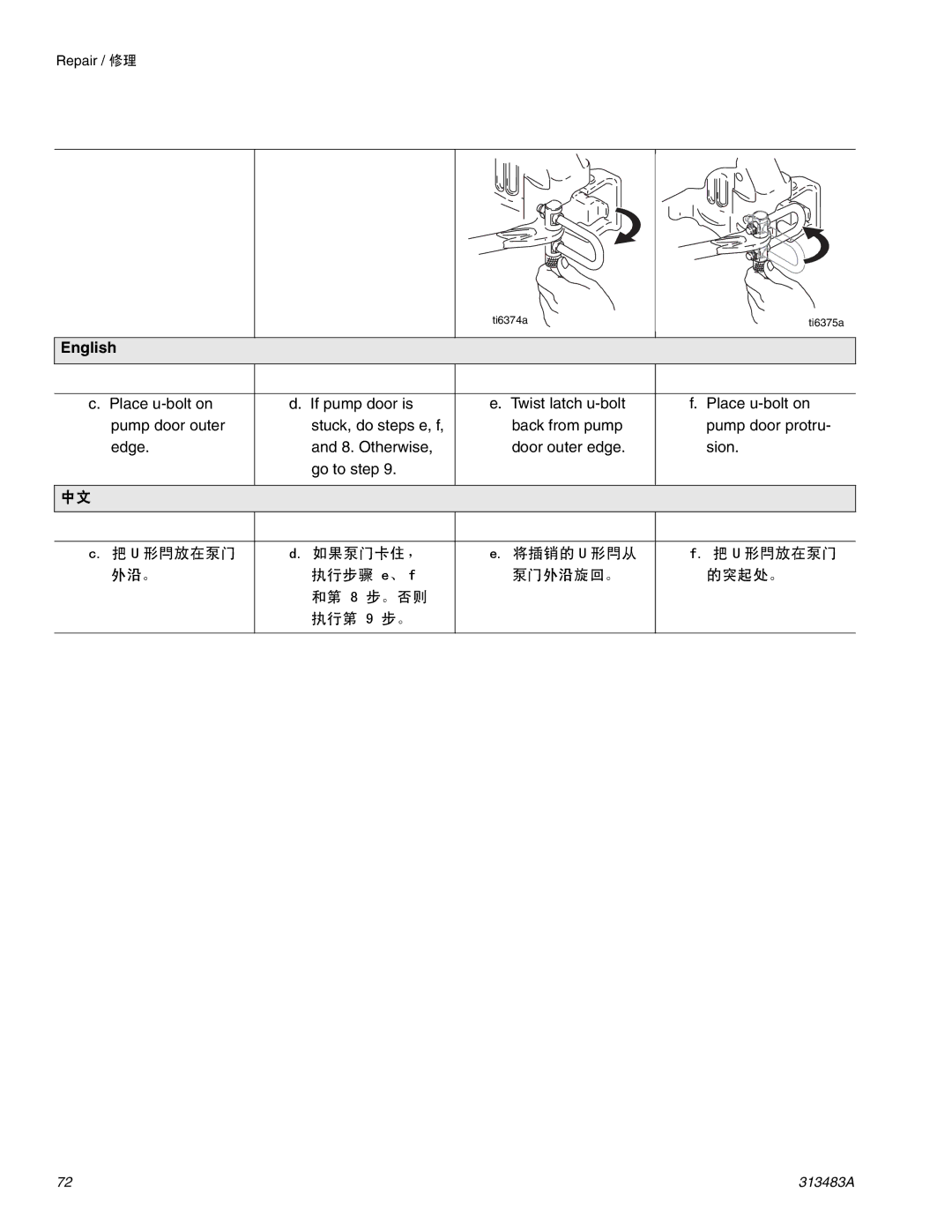 Graco Inc 313483A important safety instructions 如果泵门卡住， 