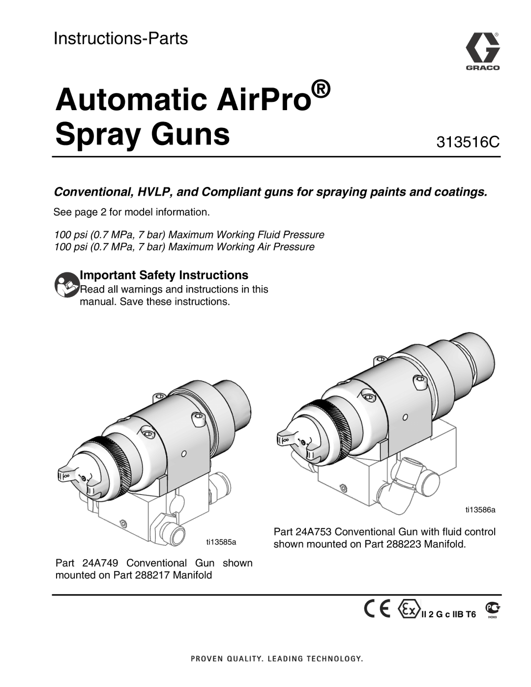 Graco Inc 313516C important safety instructions Automatic AirPro Spray Guns, Important Safety Instructions 