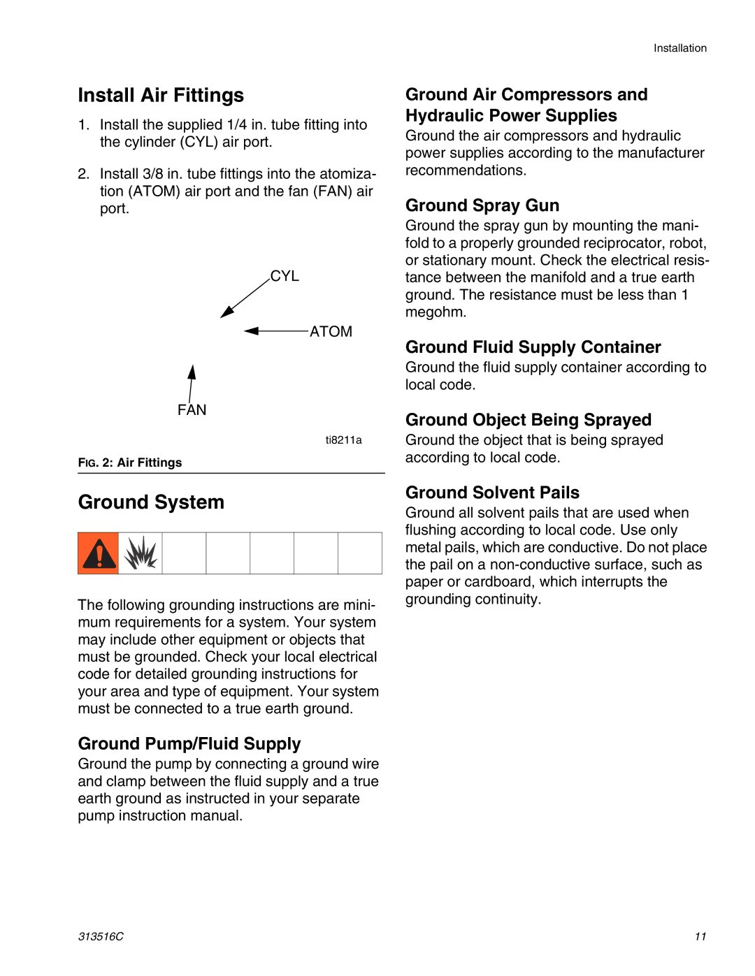 Graco Inc 313516C important safety instructions Install Air Fittings, Ground System 