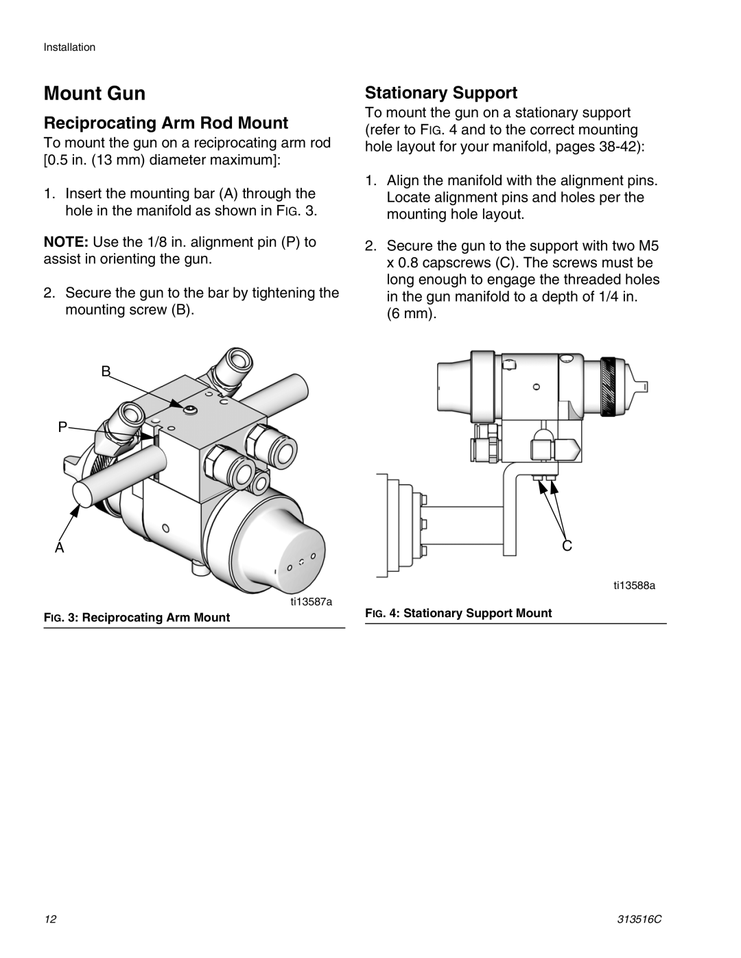 Graco Inc 313516C important safety instructions Mount Gun, Reciprocating Arm Rod Mount, Stationary Support 