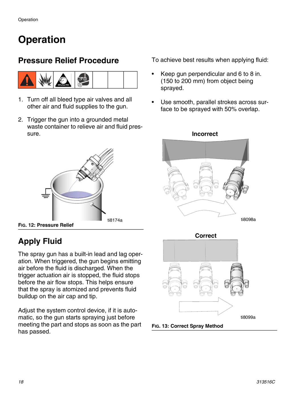 Graco Inc 313516C important safety instructions Operation, Pressure Relief Procedure, Apply Fluid, Incorrect, Correct 