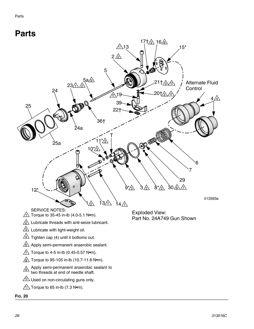 Graco Inc 313516C important safety instructions Parts, 17† 21† Alternate Fluid Control 20† 22† 36† 24a 25a 