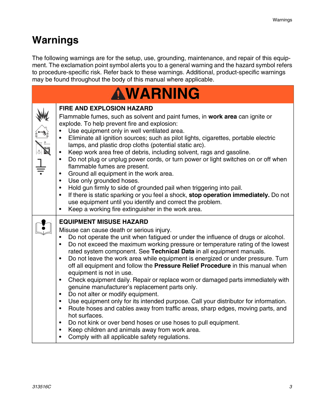 Graco Inc 313516C important safety instructions Fire and Explosion Hazard 