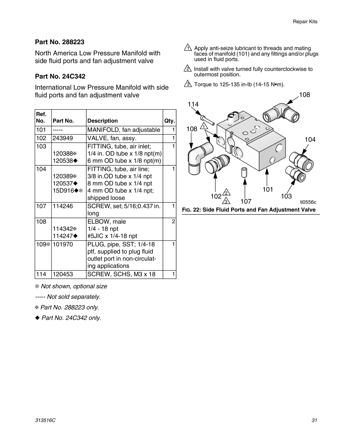 Graco Inc 313516C important safety instructions Part No C342, Side Fluid Ports and Fan Adjustment Valve 