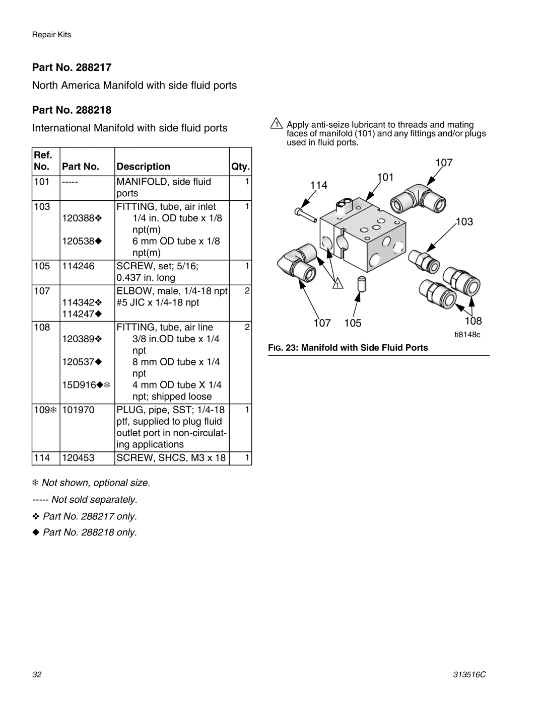 Graco Inc 313516C important safety instructions Description Qty, Not shown, optional size Not sold separately Part No only 