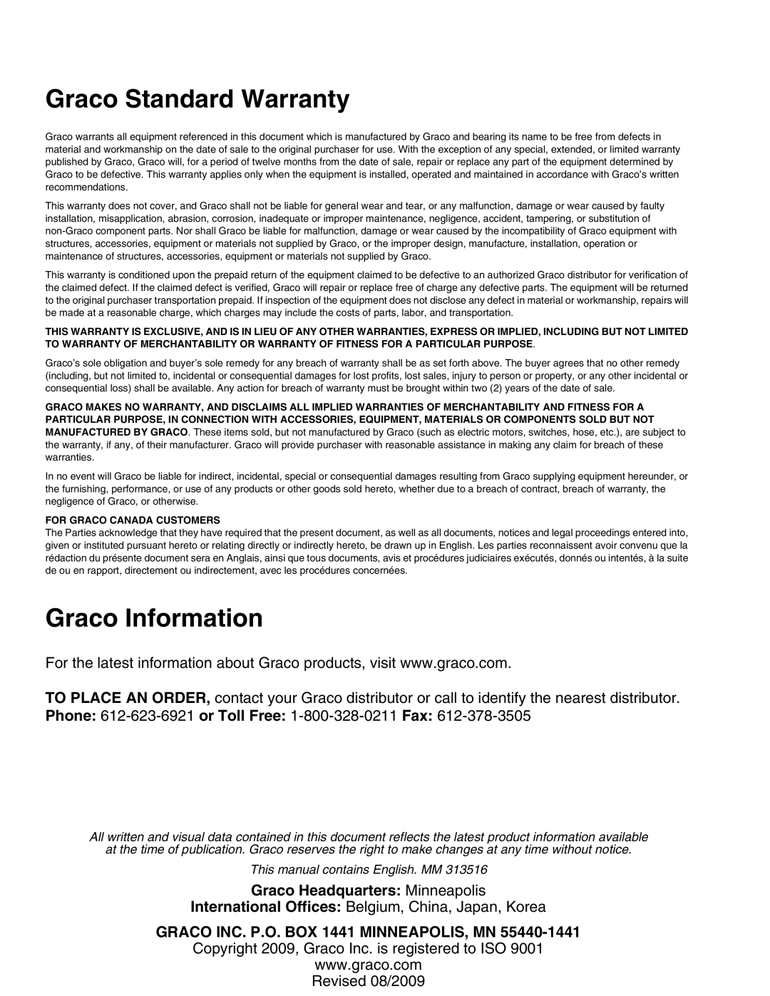 Graco Inc 313516C important safety instructions Graco Standard Warranty, Graco Information, Graco Headquarters Minneapolis 