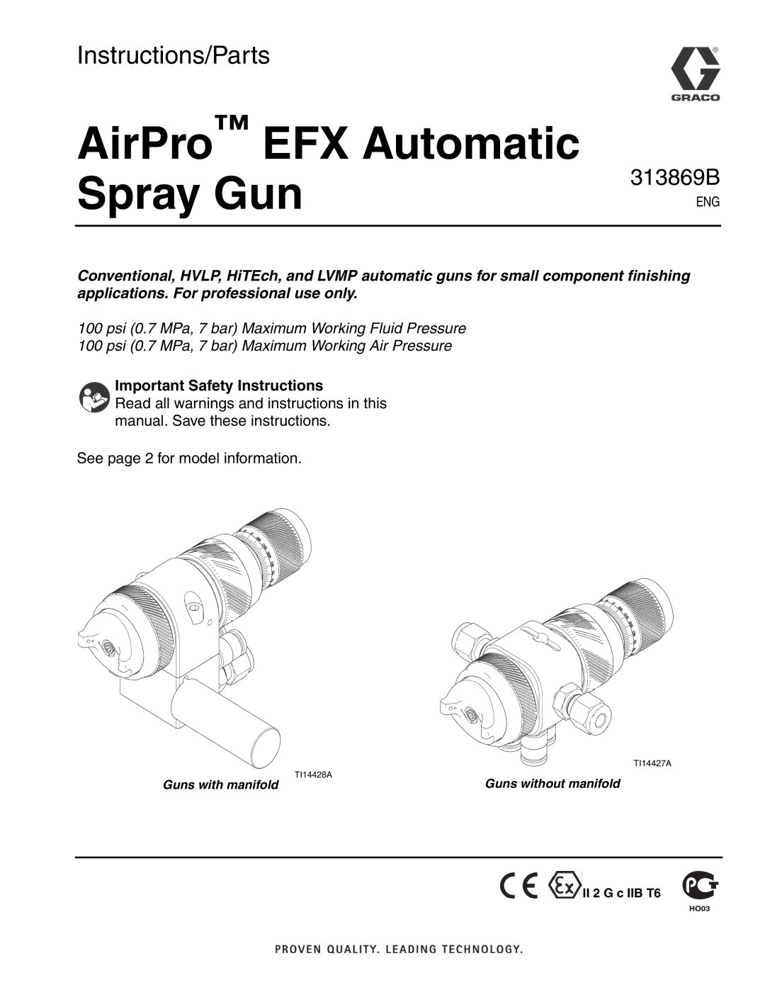 Graco Inc TI14427A, 313869B important safety instructions AirPro EFX Automatic Spray Gun, Important Safety Instructions 