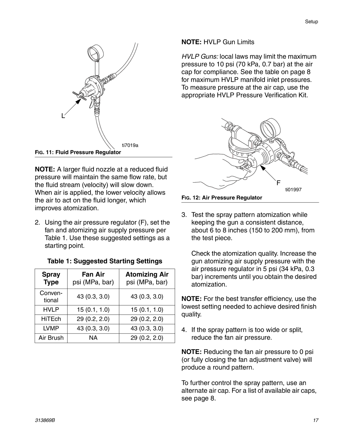 Graco Inc TI14428A, 313869B, TI14427A Suggested Starting Settings Spray Fan Air Atomizing Air, Fluid Pressure Regulator 