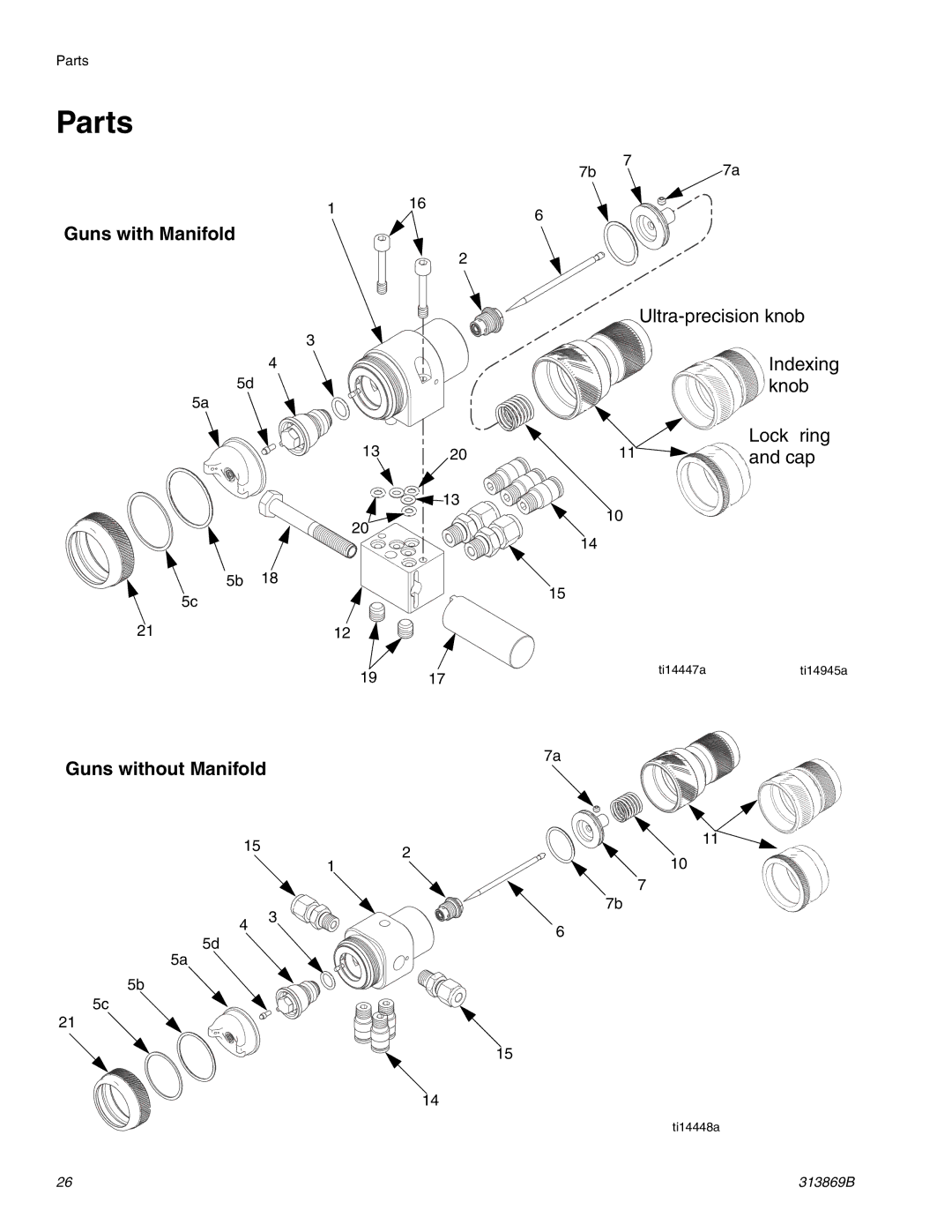 Graco Inc TI14428A, 313869B, TI14427A important safety instructions Parts, Guns with Manifold, Guns without Manifold 