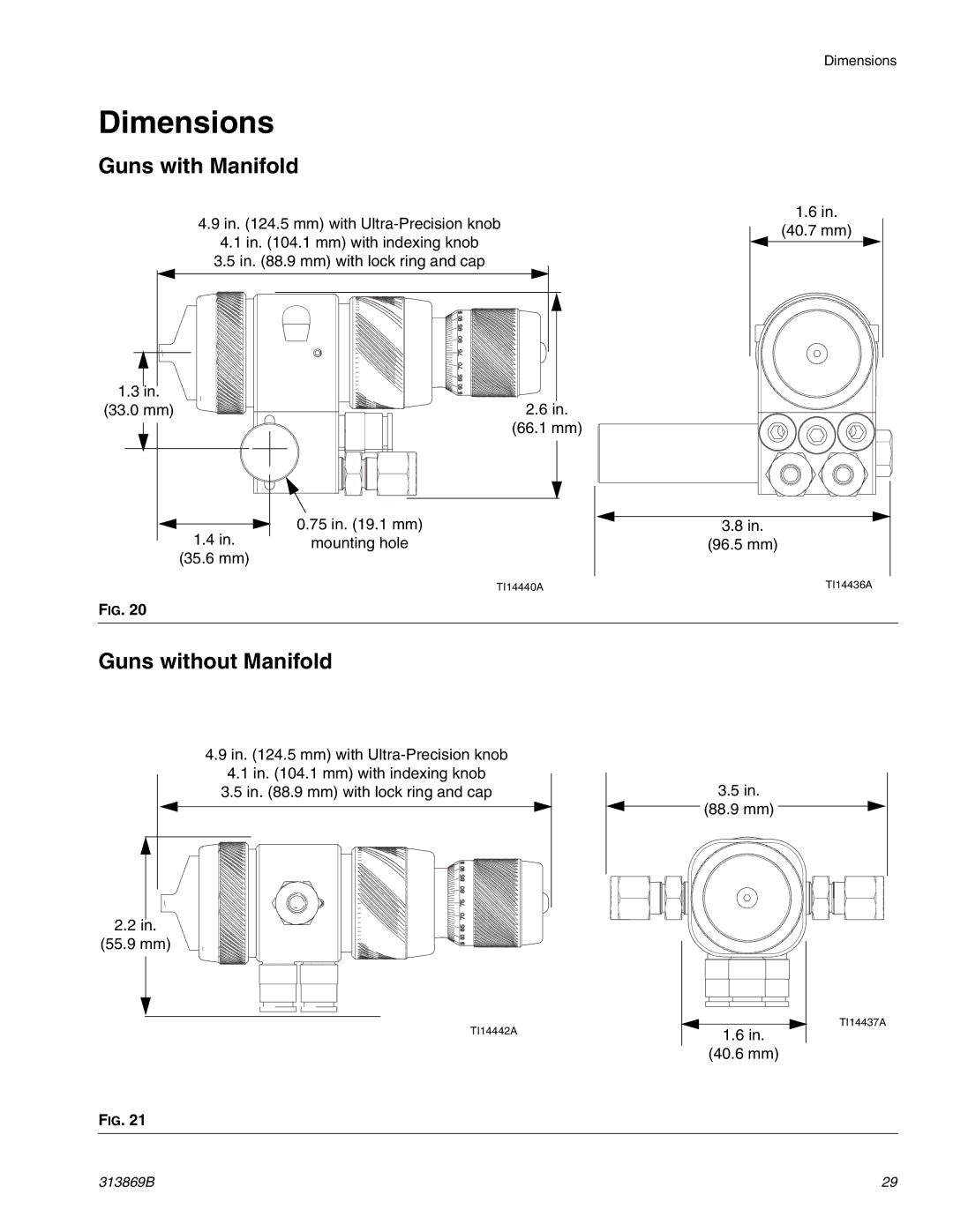 Graco Inc TI14428A, 313869B, TI14427A important safety instructions Dimensions, Guns with Manifold 