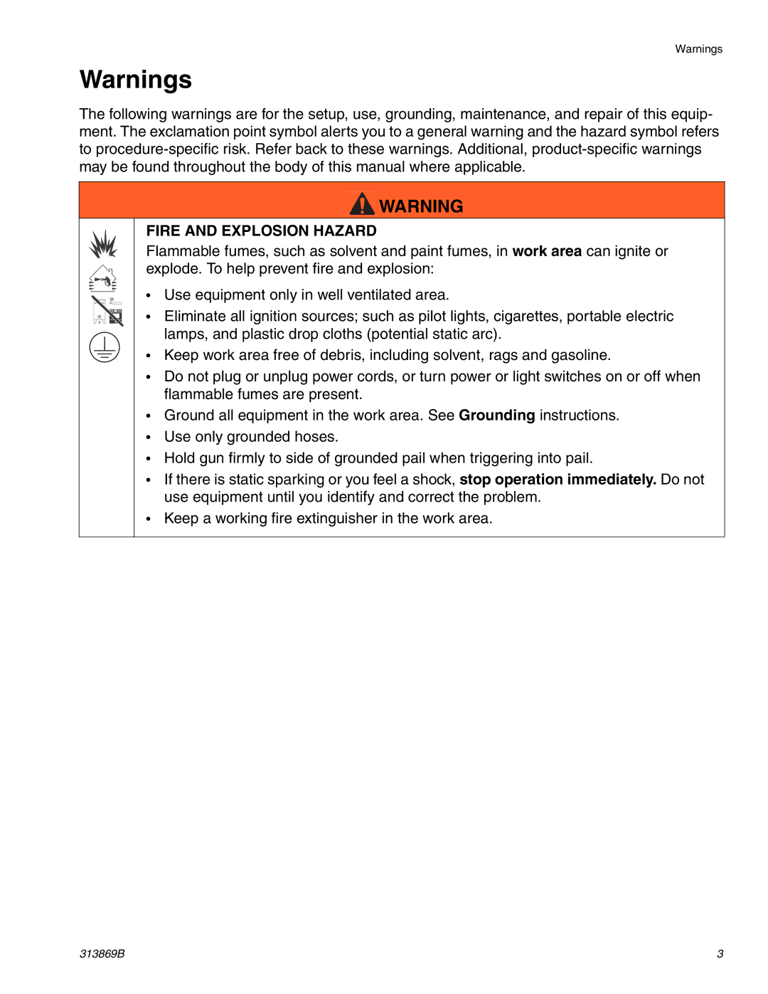 Graco Inc 313869B, TI14427A, TI14428A important safety instructions Fire and Explosion Hazard 