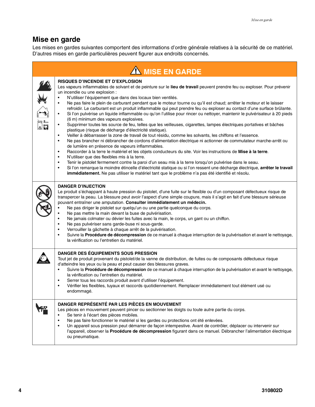 Graco Inc 3400, 310802D manual Mise en garde, Mise EN Garde 