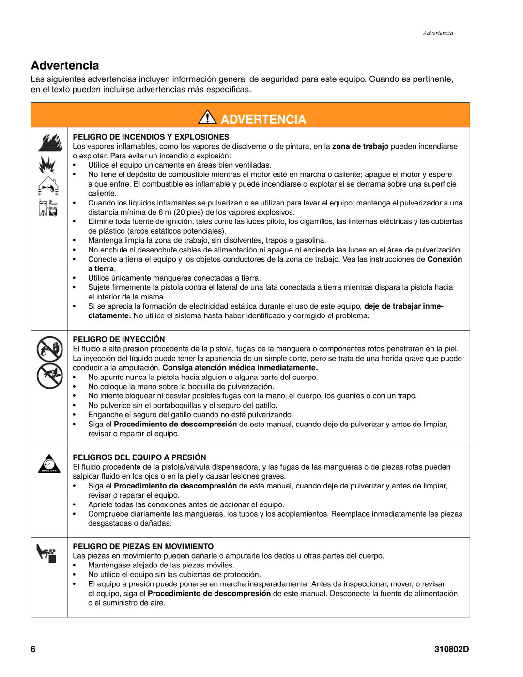 Graco Inc 3400, 310802D manual Advertencia 