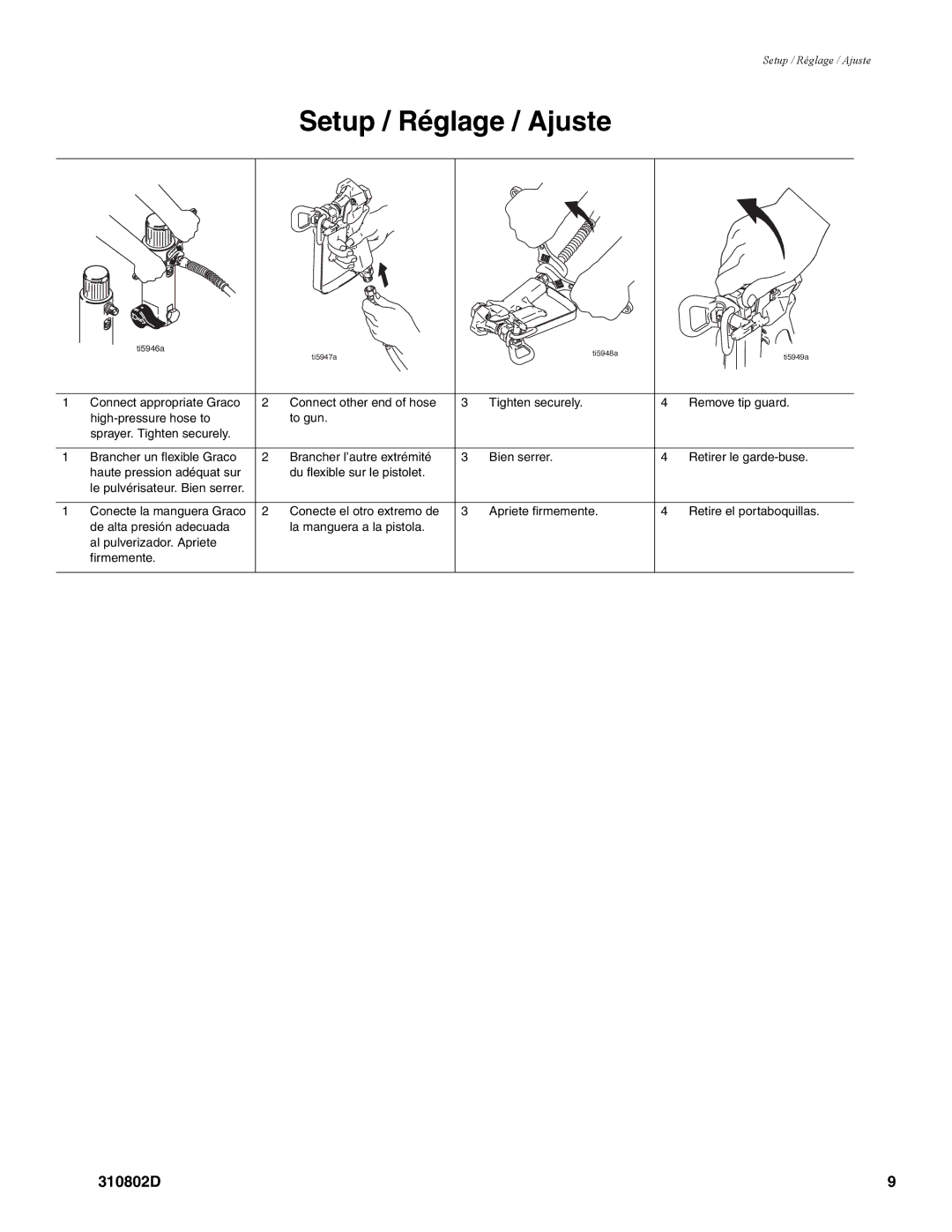 Graco Inc 310802D, 3400 manual Setup / Réglage / Ajuste 