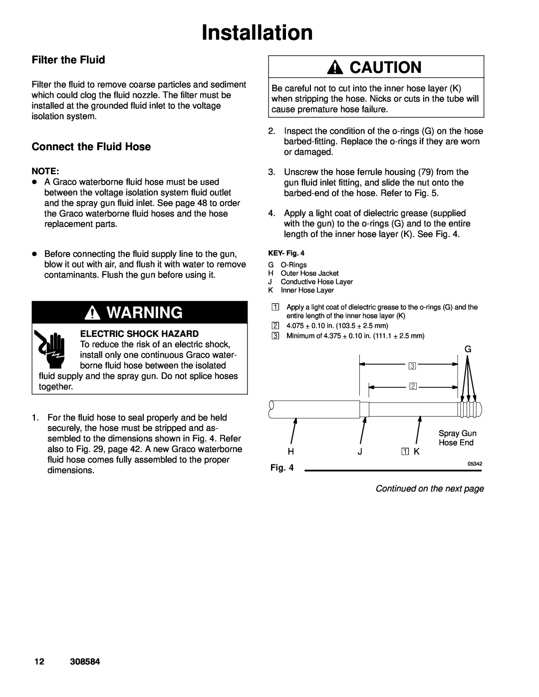 Graco Inc 3500WB Filter the Fluid, Connect the Fluid Hose, Continued on the next page, Installation, Electric Shock Hazard 
