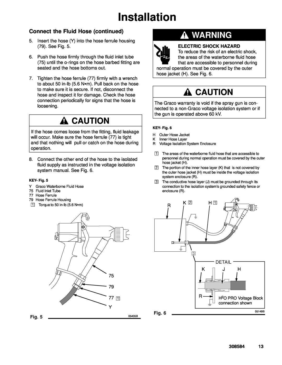 Graco Inc 308584, 3500WB manual Connect the Fluid Hose continued, Installation, Electric Shock Hazard, H2O PRO Voltage Block 