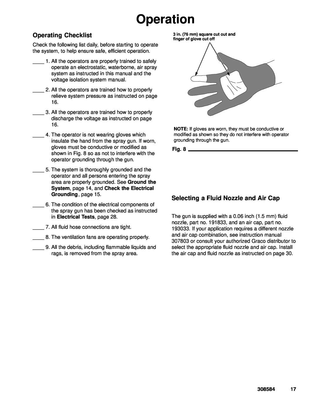 Graco Inc 222700, 3500WB, 308584 manual Operating Checklist, Selecting a Fluid Nozzle and Air Cap, Operation 