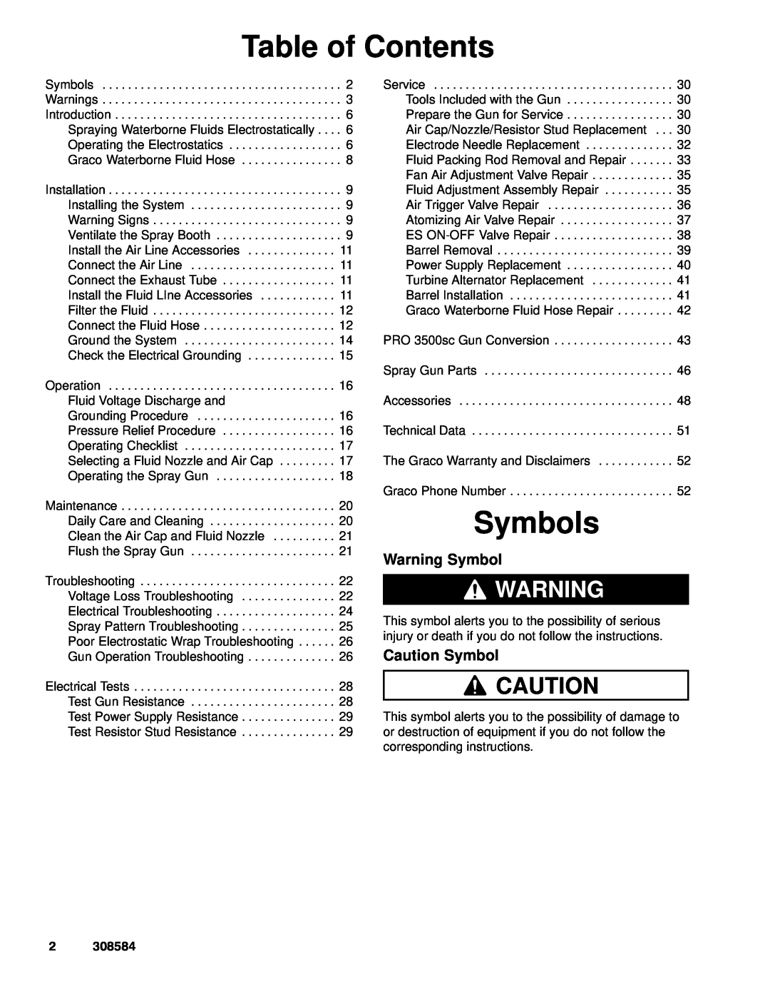 Graco Inc 222700, 3500WB, 308584 manual Table of Contents, Symbols, Warning Symbol, Caution Symbol 