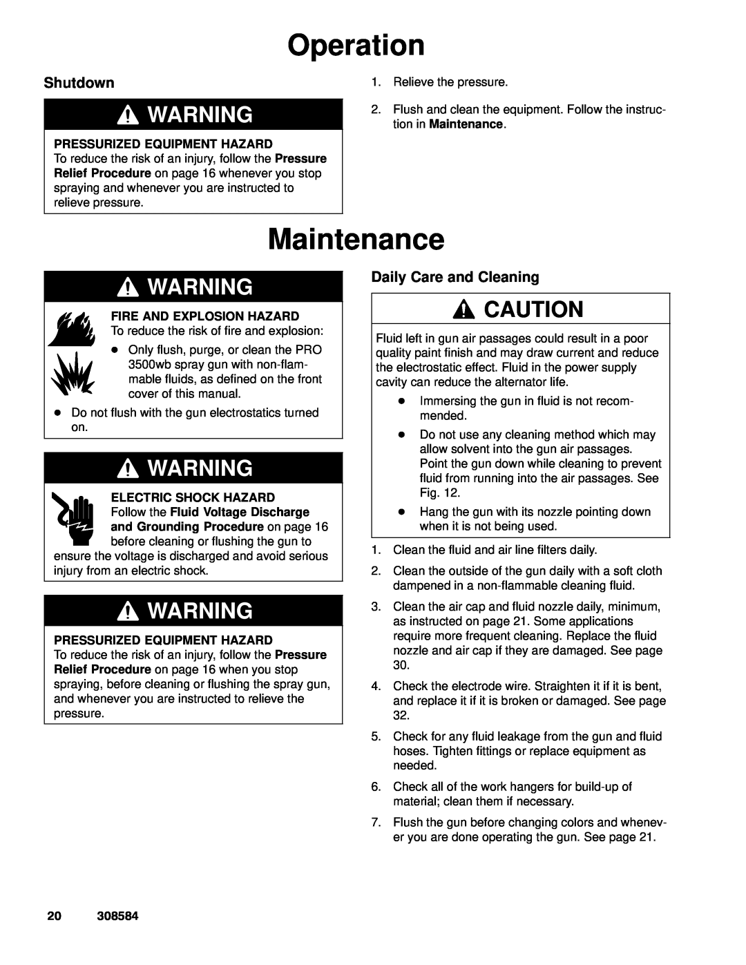 Graco Inc 222700, 3500WB, 308584 Maintenance, Shutdown, Daily Care and Cleaning, Operation, Pressurized Equipment Hazard 