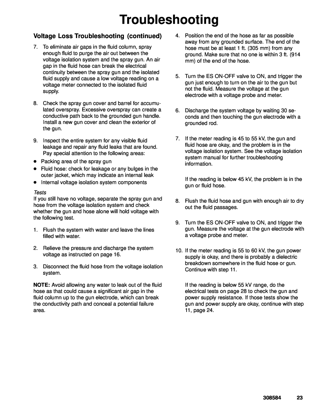 Graco Inc 222700, 3500WB, 308584 manual Voltage Loss Troubleshooting continued, Tests 