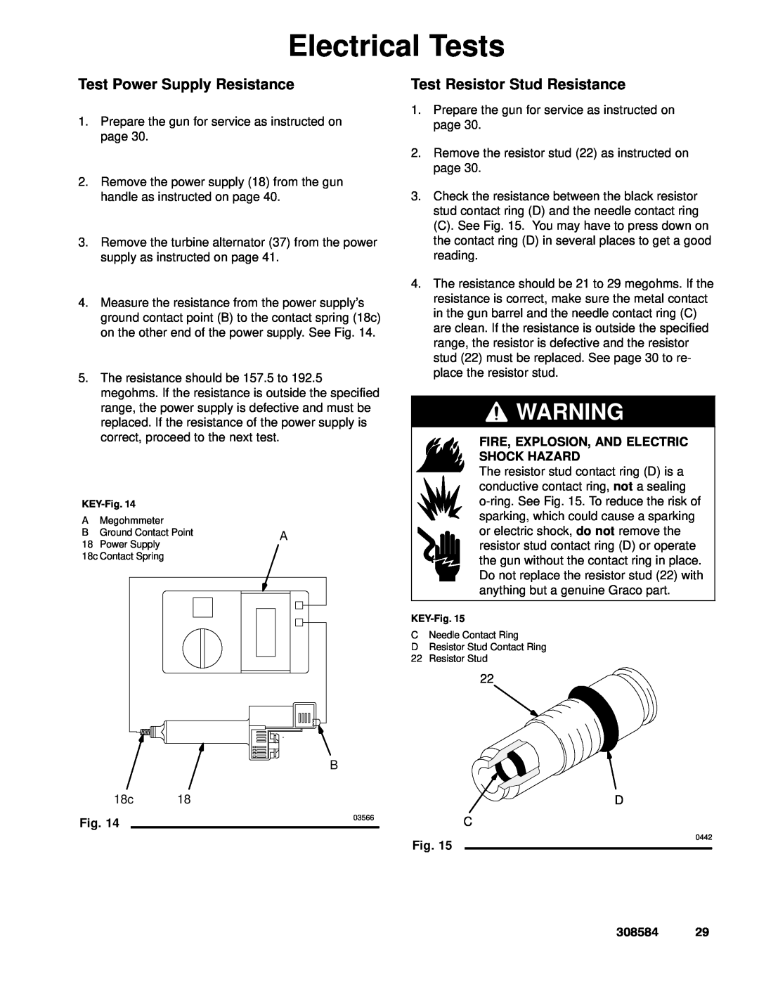 Graco Inc 222700, 3500WB, 308584 manual Test Power Supply Resistance, Test Resistor Stud Resistance, Electrical Tests 