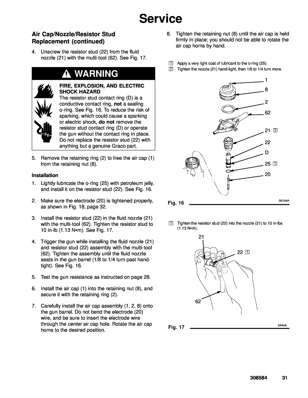 Graco Inc 308584, 3500WB, 222700 manual Air Cap/Nozzle/Resistor Stud Replacement continued, Installation, Service 