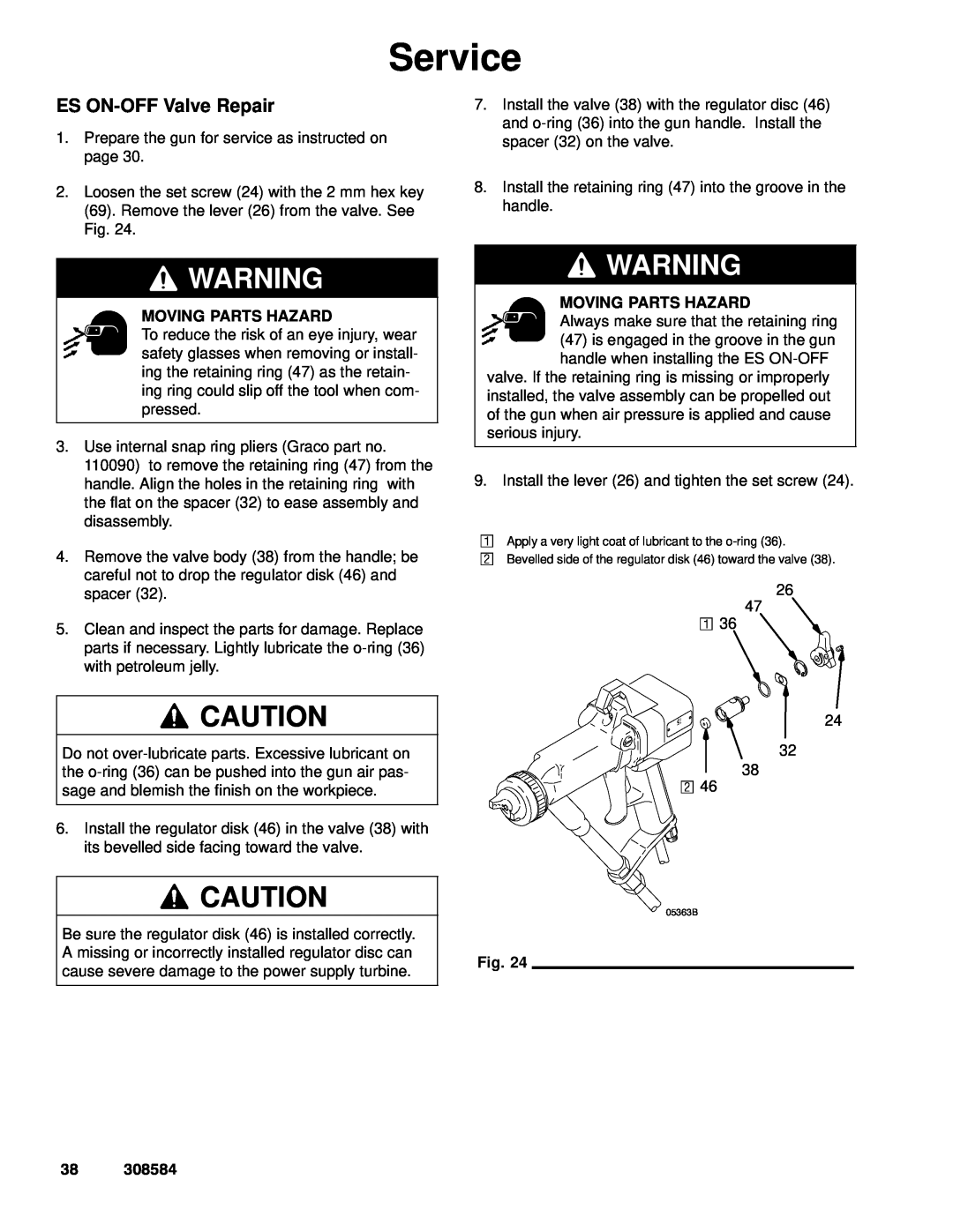 Graco Inc 222700, 3500WB, 308584 manual ES ON-OFF Valve Repair, Moving Parts Hazard, Service, 05363B 