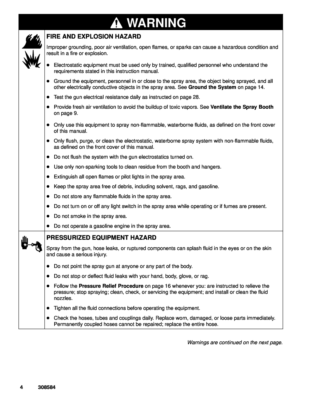 Graco Inc 308584, 3500WB Fire And Explosion Hazard, Pressurized Equipment Hazard, Warnings are continued on the next page 