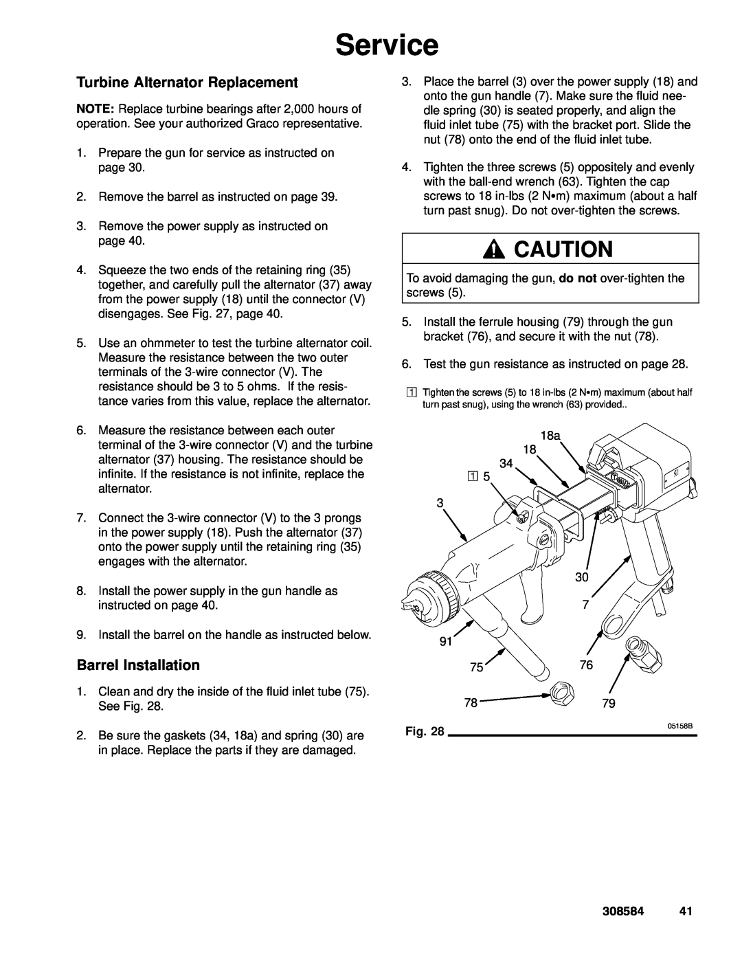 Graco Inc 222700, 3500WB, 308584 manual Turbine Alternator Replacement, Barrel Installation, Service, 05158B 