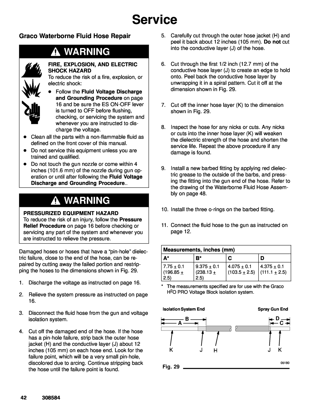 Graco Inc 3500WB manual Graco Waterborne Fluid Hose Repair, Measurements, inches mm, Service, Pressurized Equipment Hazard 