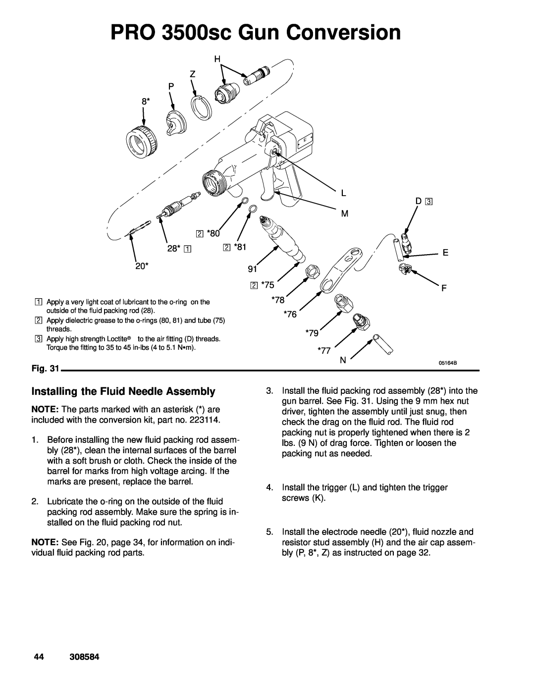 Graco Inc 222700, 3500WB, 308584 manual Installing the Fluid Needle Assembly, PRO 3500sc Gun Conversion 