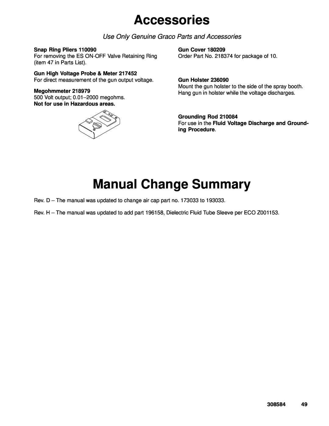 Graco Inc 308584, 3500WB Manual Change Summary, Snap Ring Pliers, Gun High Voltage Probe & Meter, Megohmmeter, Gun Cover 
