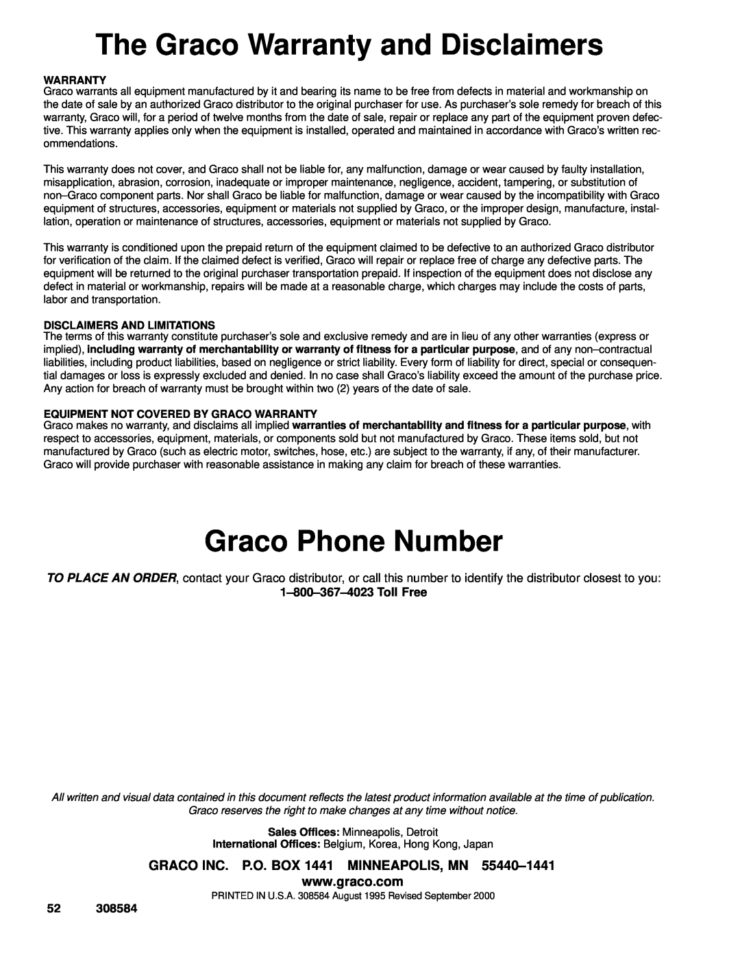 Graco Inc 308584, 3500WB The Graco Warranty and Disclaimers, Graco Phone Number, GRACO INC. P.O. BOX 1441 MINNEAPOLIS, MN 