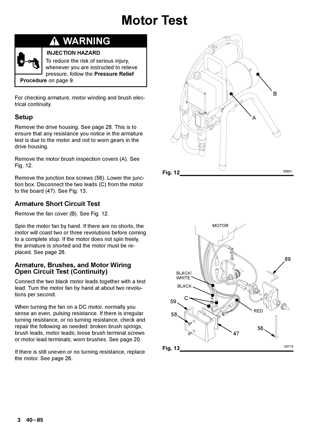 Graco Inc 390sts, 308-548, 231-353 manual Motor Test, Setup, Armature Short Circuit Test 