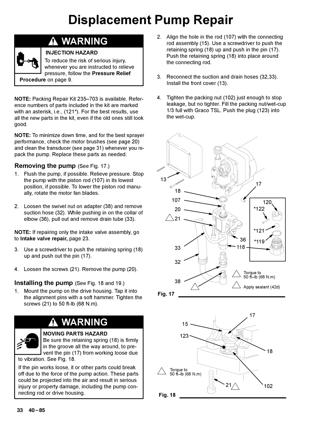 Graco Inc 308-548, 390sts, 231-353 manual Displacement Pump Repair, Removing the pump See Fig 