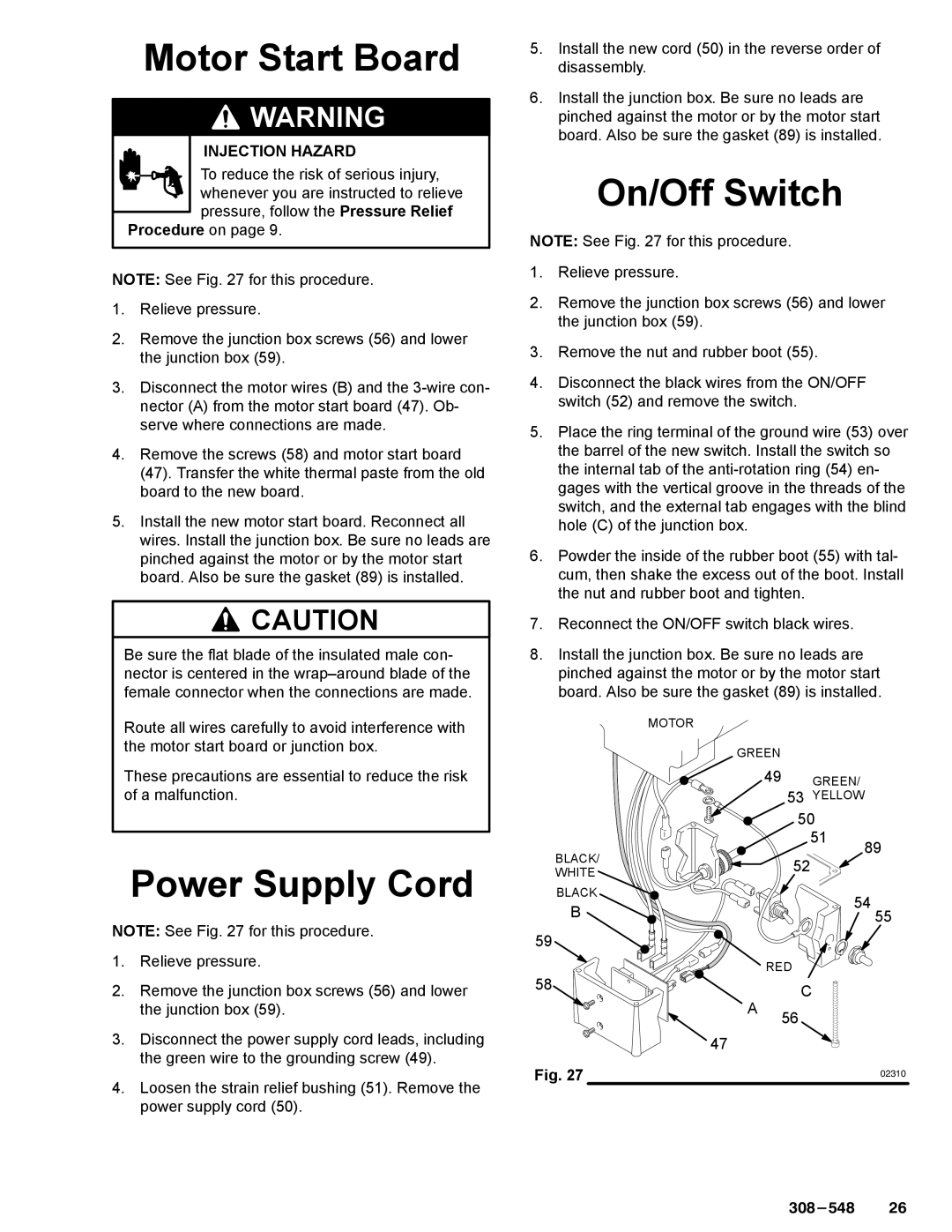 Graco Inc 390sts, 308-548, 231-353 manual Motor Start Board, Power Supply Cord, On/Off Switch 